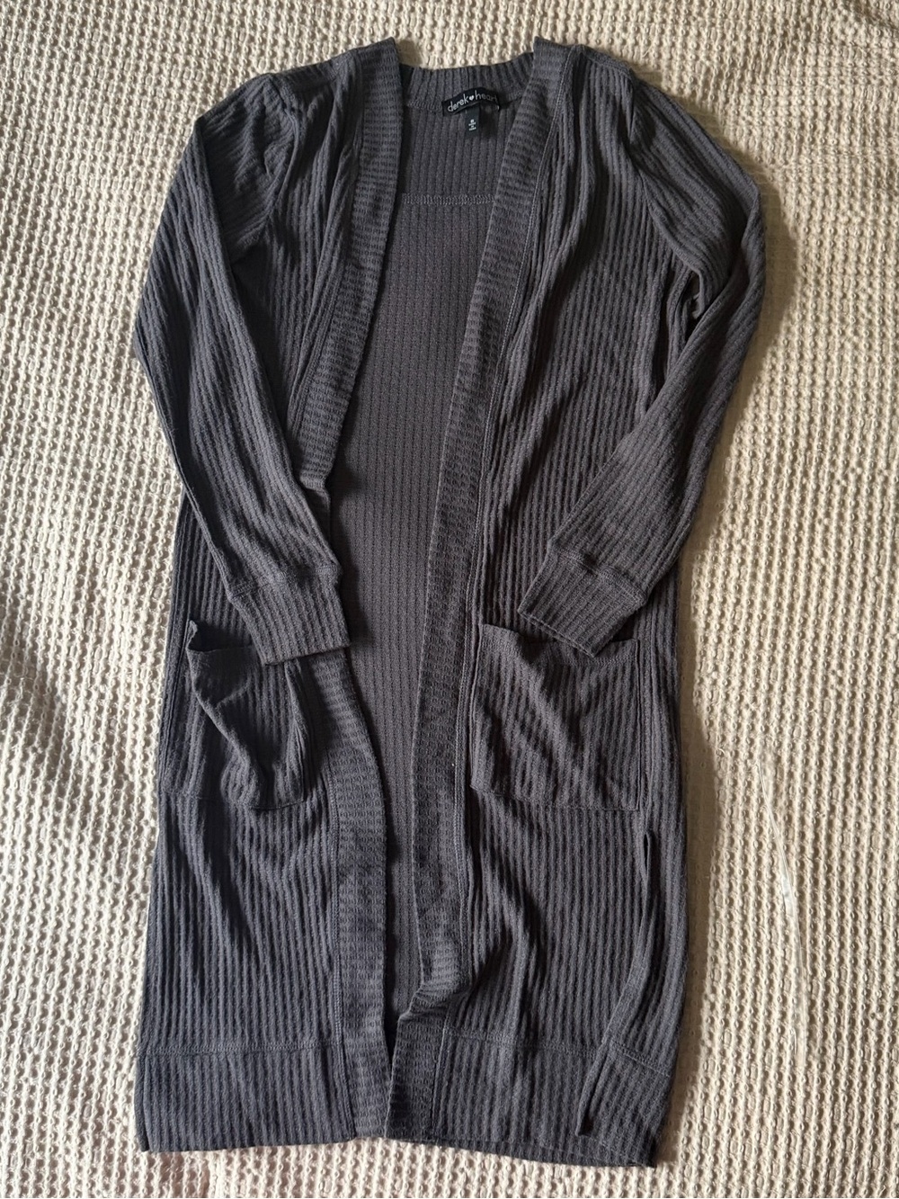 Derek Heart Long Open-Front Ribbed Cardigan - Charcoal Gray